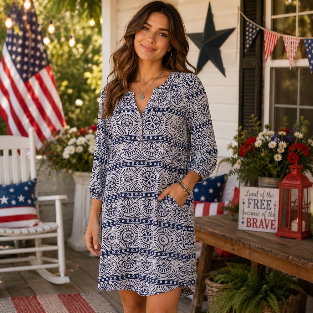228 Mud Pie Navy/White Boho Tunic Dress (L, EUC)